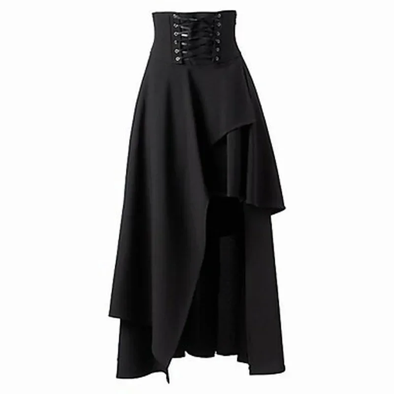 High Low Skirt Gothic Punk Lace Up Cincher Maxi Skirt Rock Hippie Pirate Draped Outfit Halloween Costume For Women
