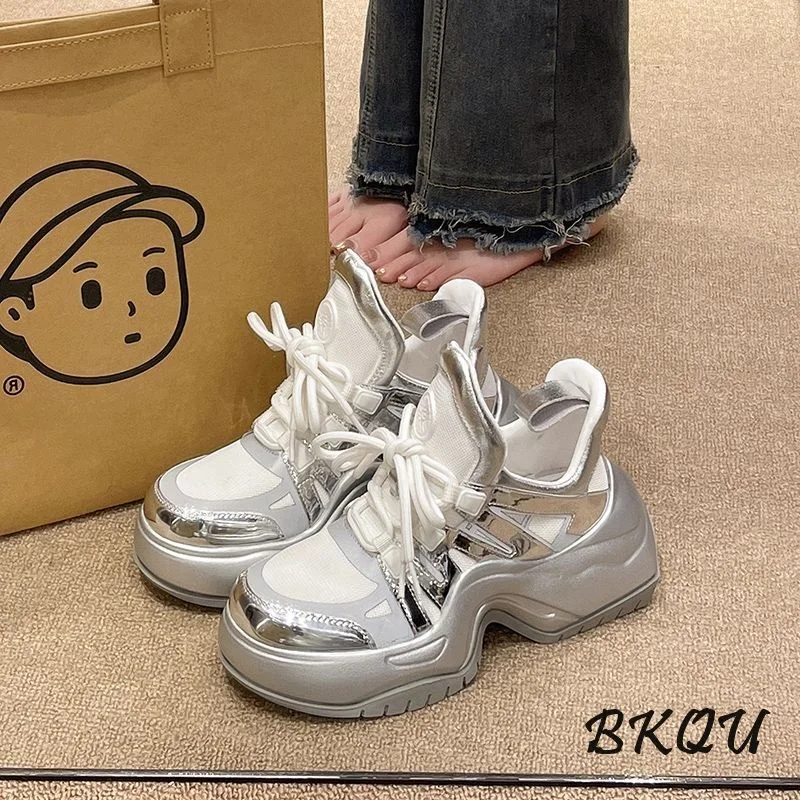 BKQU Design Advanced Sense 2024 Autumn Explosive Trend Silver Daddy Girl Soft Bottom Muffin Thick Sole Fashion Thin Waist Shoes