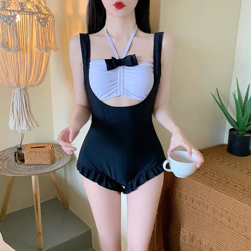 

Korean Style One Piece Swimsuit Bandeau Swimwear Padded Frill Bathing Suit Sexy Monokini Black White Bodysuit Beachwear 2024 New