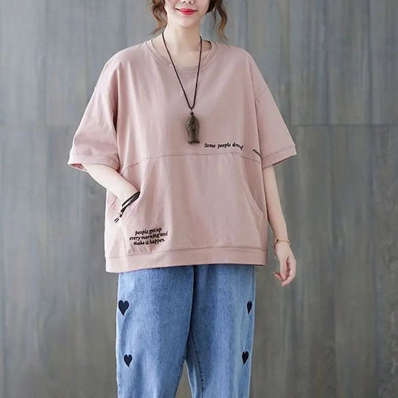 98% Cotton T Shirts Women Fashion Embroidery Literary Oversized T-shirt Casual Loose Short Sleeve Pullover Pocket Tshirt Summer