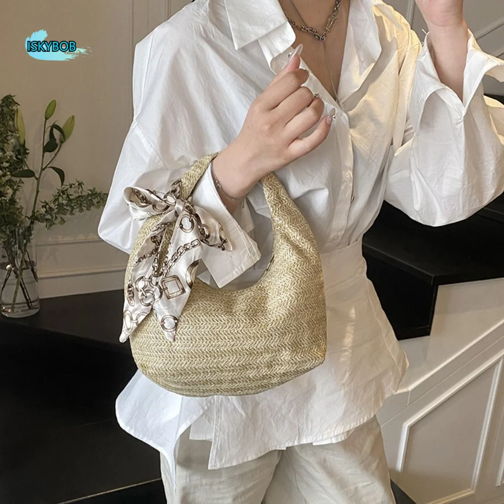 

Trendy Large Capacity Straw Bag Grass with Silk Scarf Weave Tote Bag Wrist Circle Half Moon Rattan Handbag Women