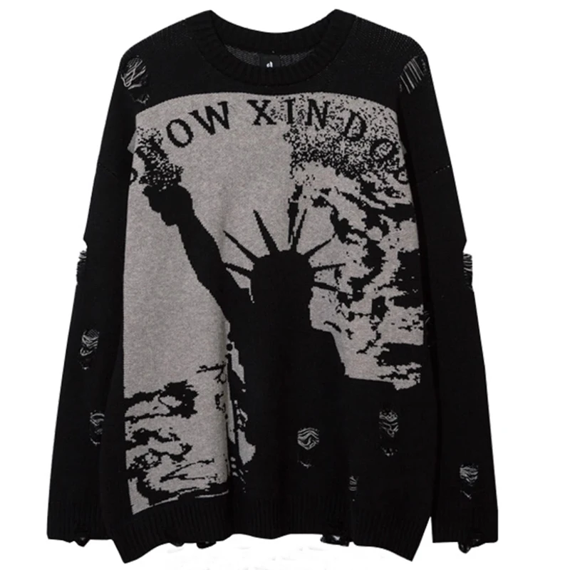 

Черный свитер Lady Liberty, мужская зимняя одежда, темный стильный свитер с дырками, мужской свитер в стиле хип-хоп, свободный уличный трикотаж, джемпер