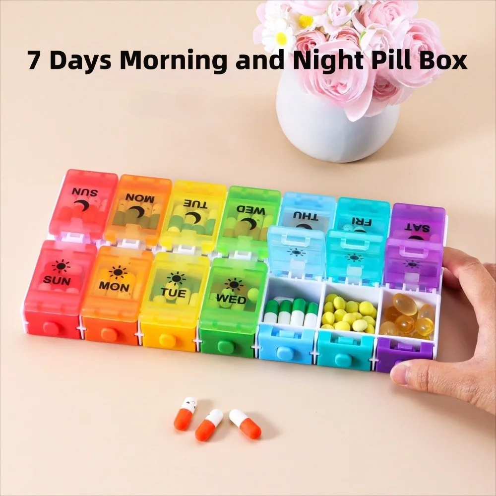 

Weekly Button-Press Lid Pill Box Portable 7 Days Travel Pill Cases Box Storage Pill Dispenser Medicine Splitter Box Vitamins