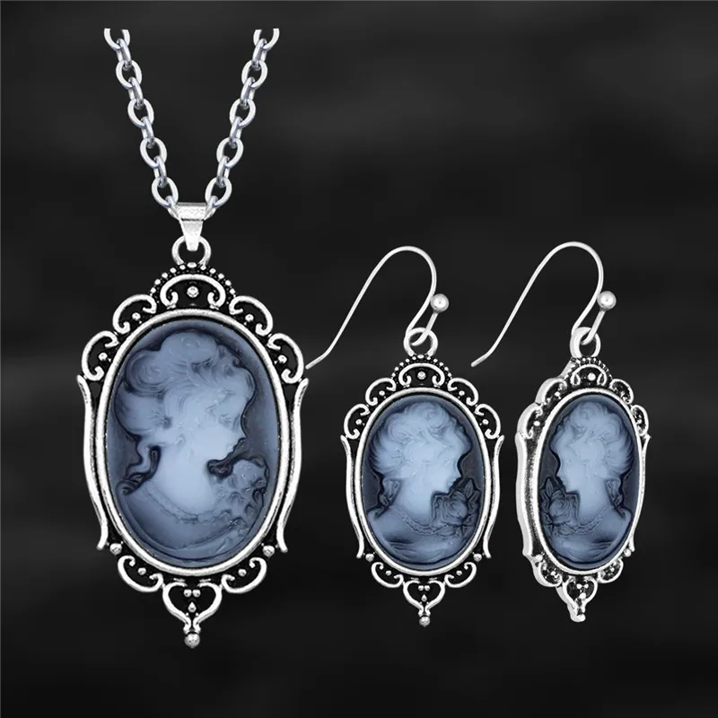 Vintage Oval Lady Queen Cameo Sets For Women Real Silver Plated Victoria Pendant Necklace Earring Fashion Jewelry