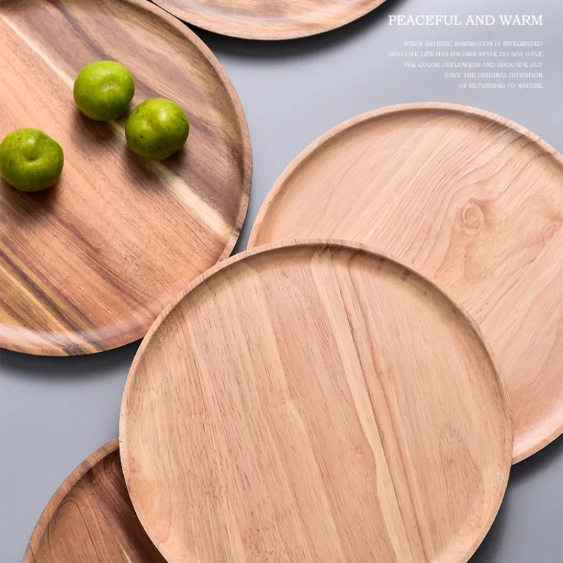 Multi Size Rubber Wood Acacia Wood Japanese Circular Tray Household Fruit Food Round Dish Kitchen Storage Plate