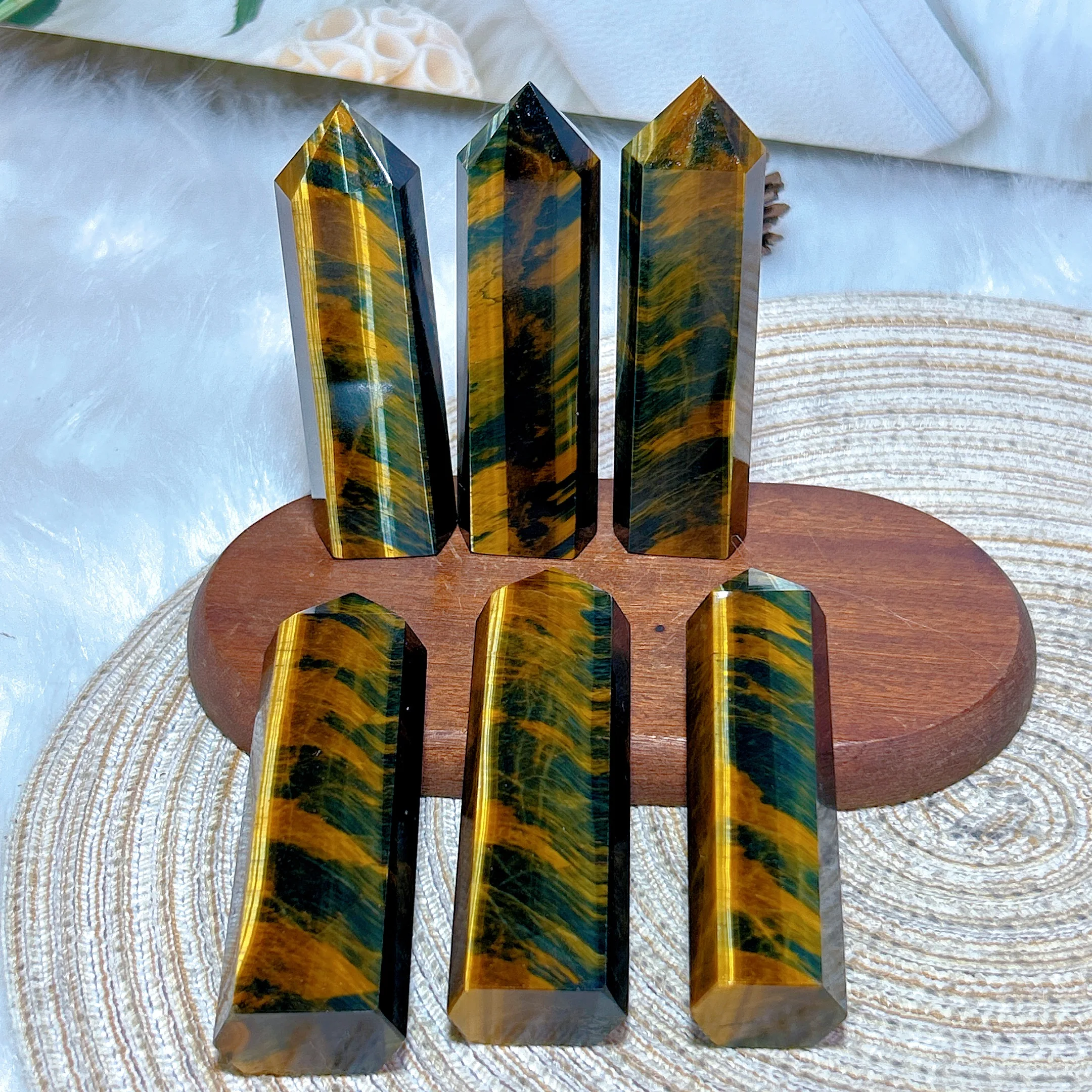 High Quality Natural Crystal Blue And Yellow Flashy Tiger Eye Tower Point Energy Reiki Ornament Healing Home Decoration Gift