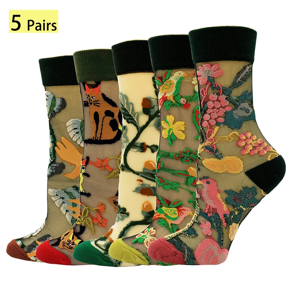 5 par/zestaw Francja Hipster Design szklane jedwabne kwiatowe ptaki śmieszne skarpetki damskie przezroczyste artystyczne skarpetki do kostki żakardowe