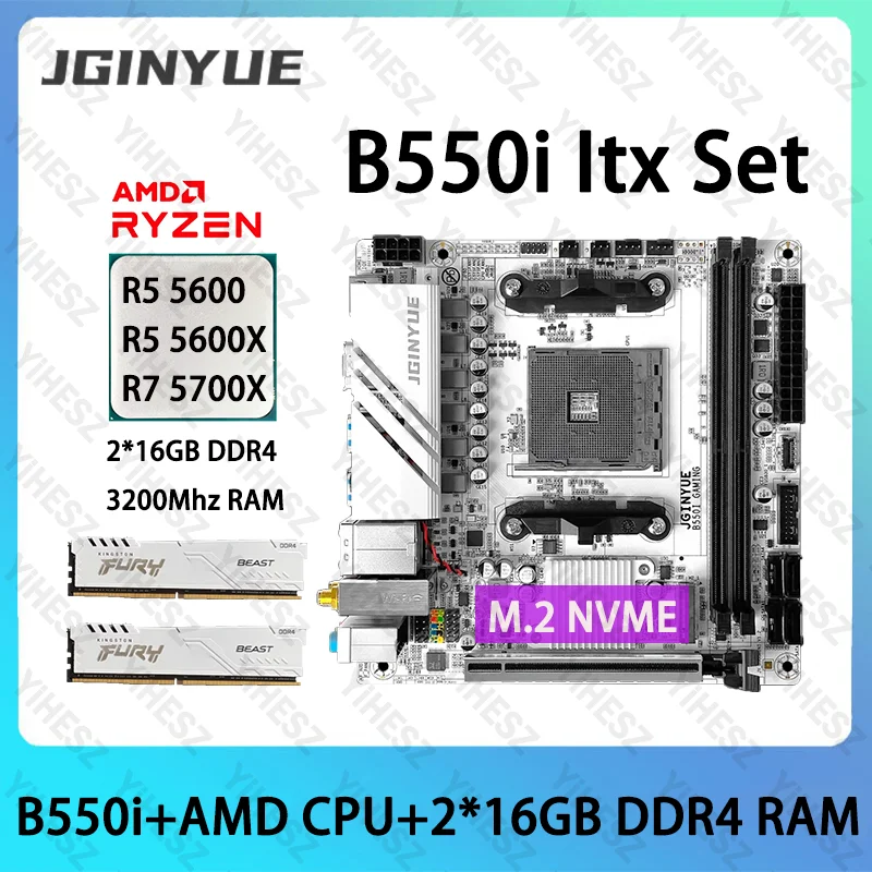 

Комплект игровой материнской платы JGINYUE B550i с процессорами Ryzen R5 5600/5600X R7 5700X и 2*16 ГБ 3200 МГц DDR4 RAM PCI-E 4,0 Mini ITX