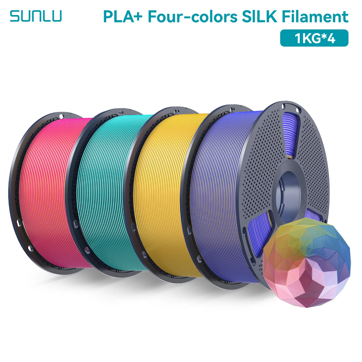 SUNLU 4KG viervoudig kleuren zijdefilament, zijde 3D-printer 1,75 mm, dimensionale nauwkeurigheid +/- 0,02 mm, 1 kg spoel (2,2 lbs), 4 rollen