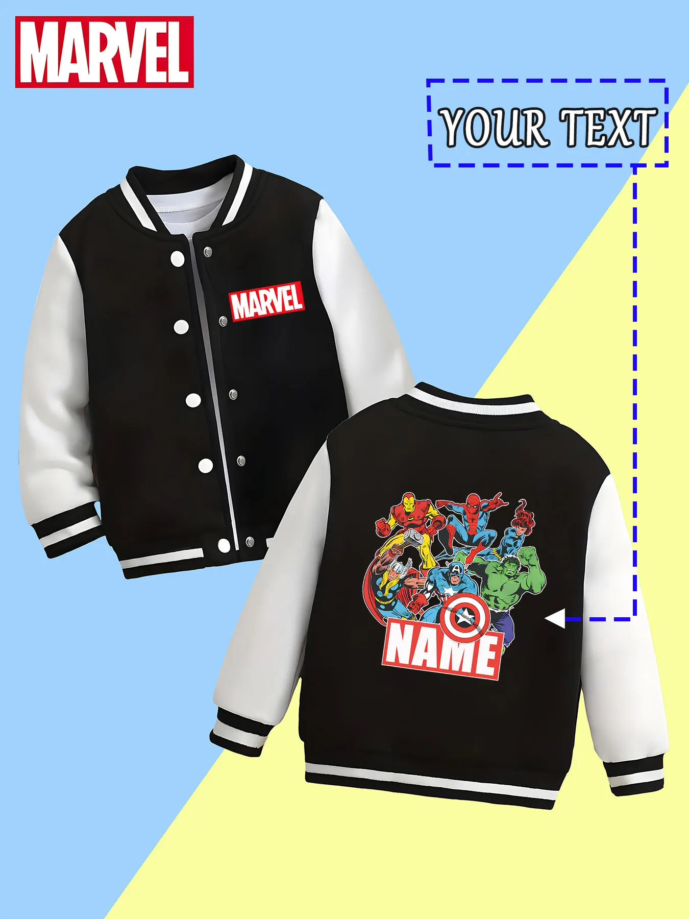 

MINISO Marvel Boys Baseball Jacket - Marvel Hero Collection Print, rich and eye-catching patterns, warm and stylish in autumn an