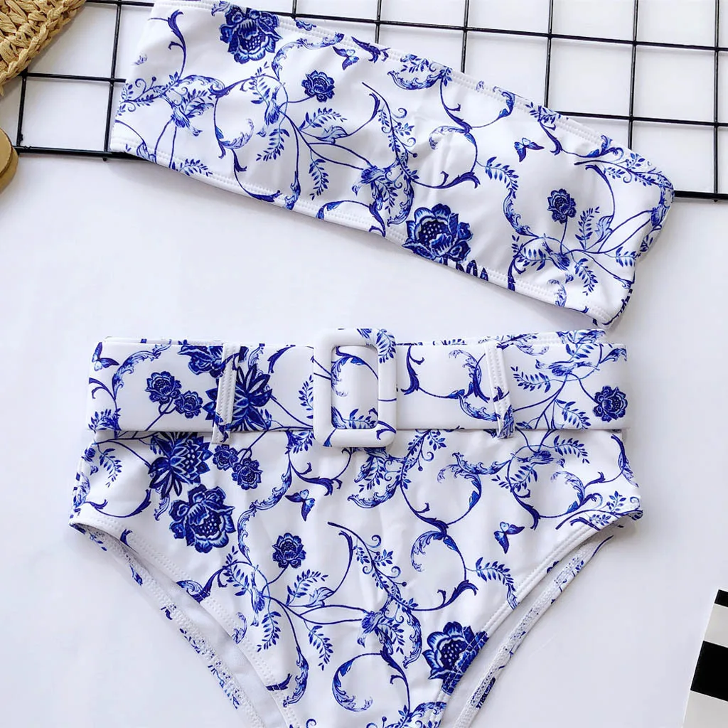 Women Swimsuit Sexy Solid Buckle BikiniPadded High Waiste Swimwear Set Sexy Bkini Bathing Suit Summer Solid Print Tankini