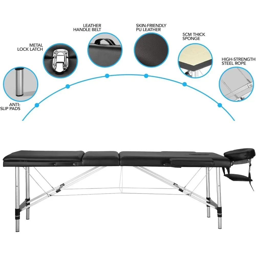 Portable Massage Table Professional Massage Bed 3 Fold 82 Inches Height Adjustable for Spa Salon Lash Tattoo Carrying Bag MQAM