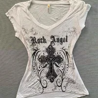 Américain rétro sous-culture croix impression T-shirts Harajuku mince à manches courtes t-shirt Punk haute rue Hottie T-shirts femmes Chic haut 2