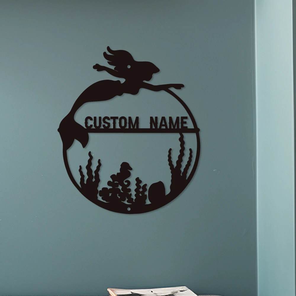 

1pc cool Mermaids swimming in a fish tank Customized Name Tin Wall Signs Metal Wall Plaque For Kids Rooms Decoration