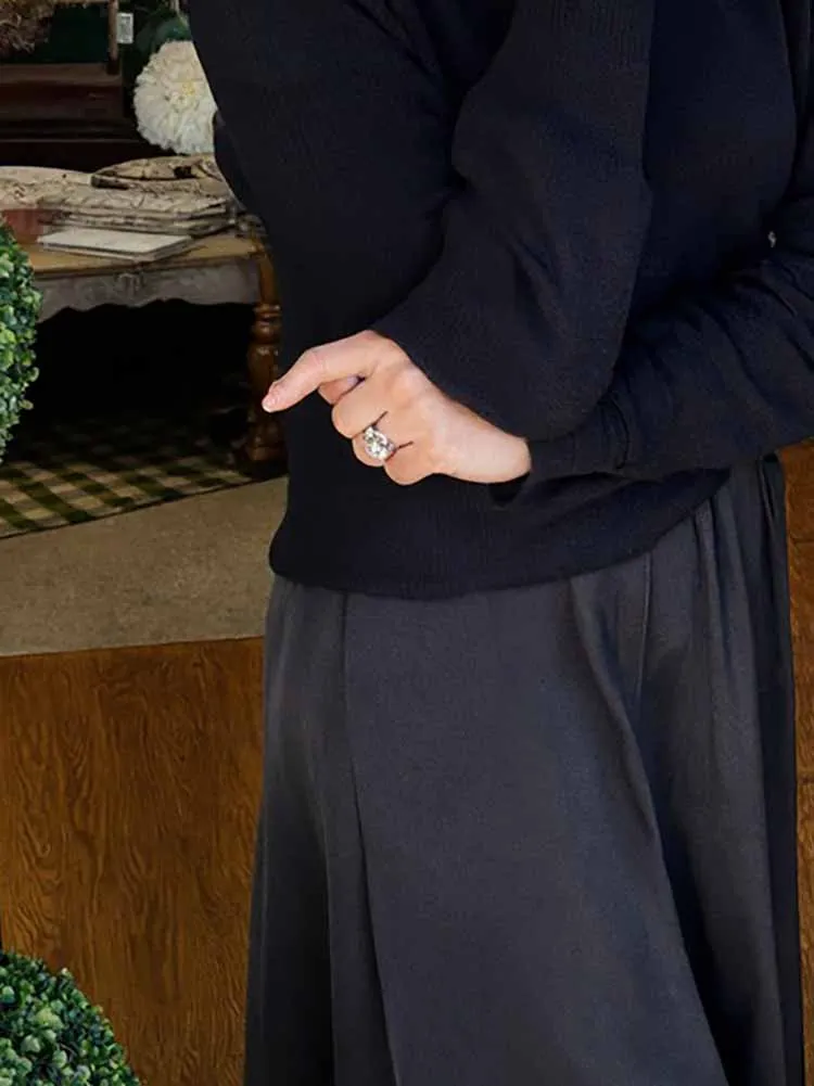 المرأة أنيقة البلوزات الناعمة الصلبة تنورة مجموعات الأزياء س الرقبة ثنيات تنورة طويلة وتتسابق عارضة طويلة الأكمام فضفاضة قطعتين الدعاوى #1