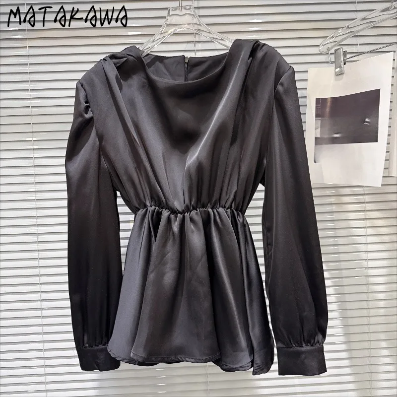 

Matakawa Women Shirts&blouses Black Solid Spring Autumn O Neck Elegant Blusas Feminina Korean Fashion Vintage Camisas