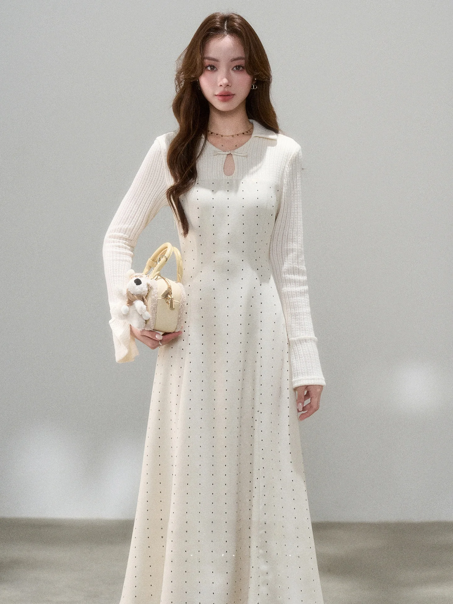 

Spring Autumn New Sle Soft Knitted Polka Dot Long Sve Dr Women Ele Long Dr French Sle High Waist A-Line Skirt