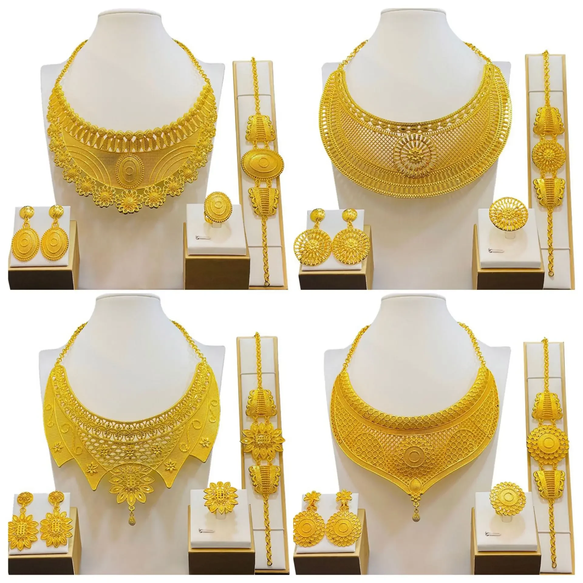 Womens Ethiopian 24K Gold Plated Jewelry Set Bridal Dubai Jewellery Wedding Brazilian Eritrean African Earring Necklaces Set