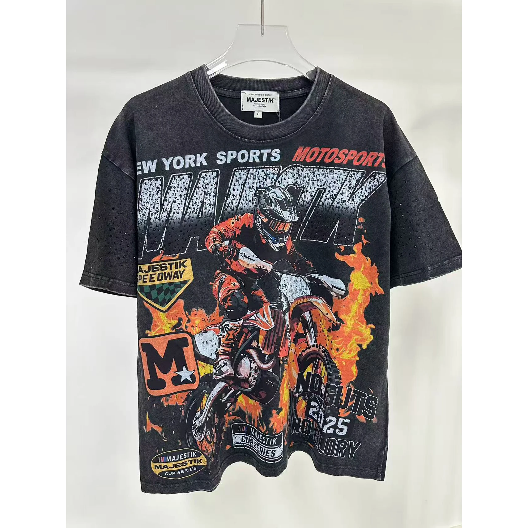 Vintage Washed Fire Print Tshirts for Men Y2k Streetwear Funny Motosports Dirt Bike Graphic Tee Summer Oversized Unisex Clothes