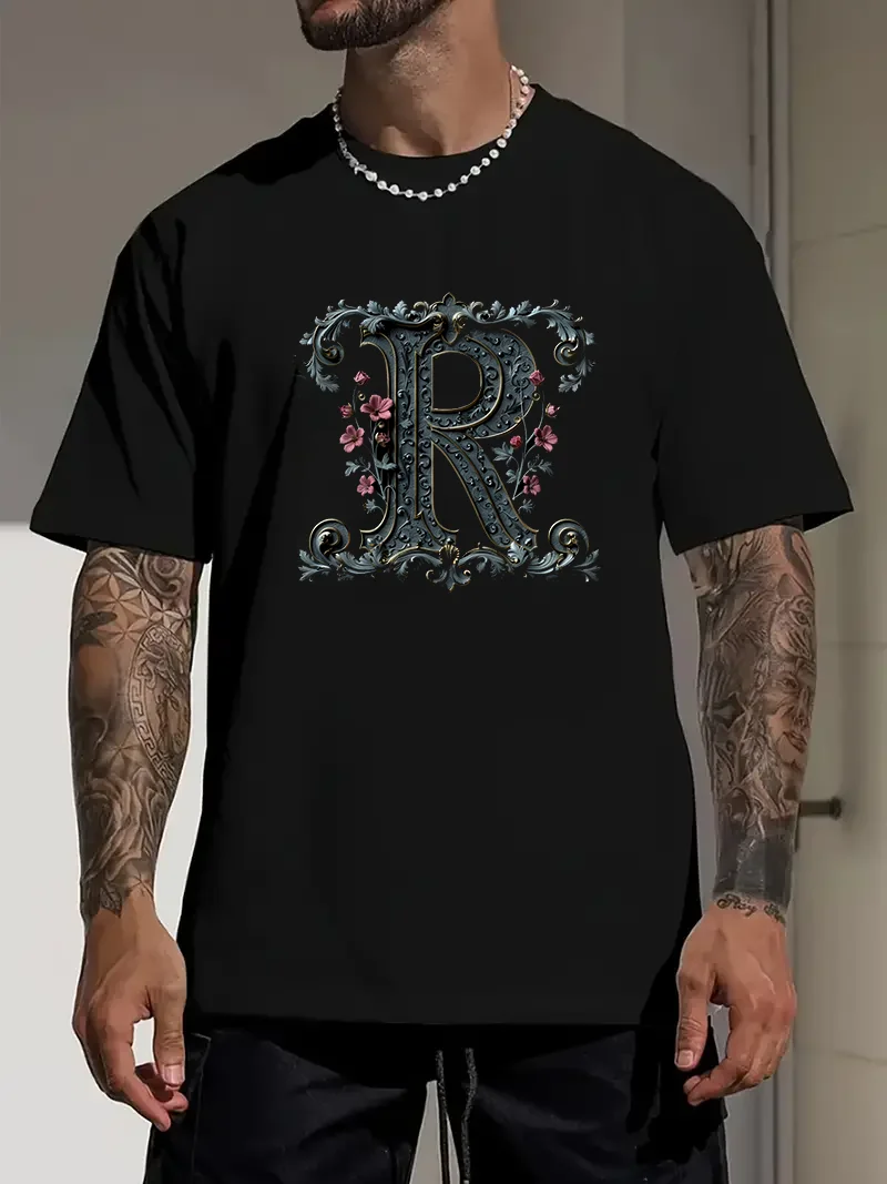 Vintage Gothic Style Floral Letter R Monogram Print T-Shirt Unisex Casual Fashion Trend Simple Black Tee Comfortable Breathable