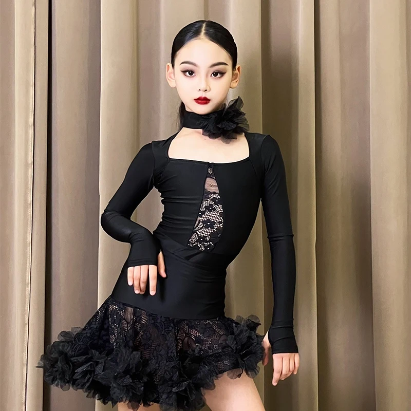 2024 Fall Winter New Dance Practice Clothes Girls High End Elegant Children's Training Dress Lace Mesh Skirt Black Tops XH1199