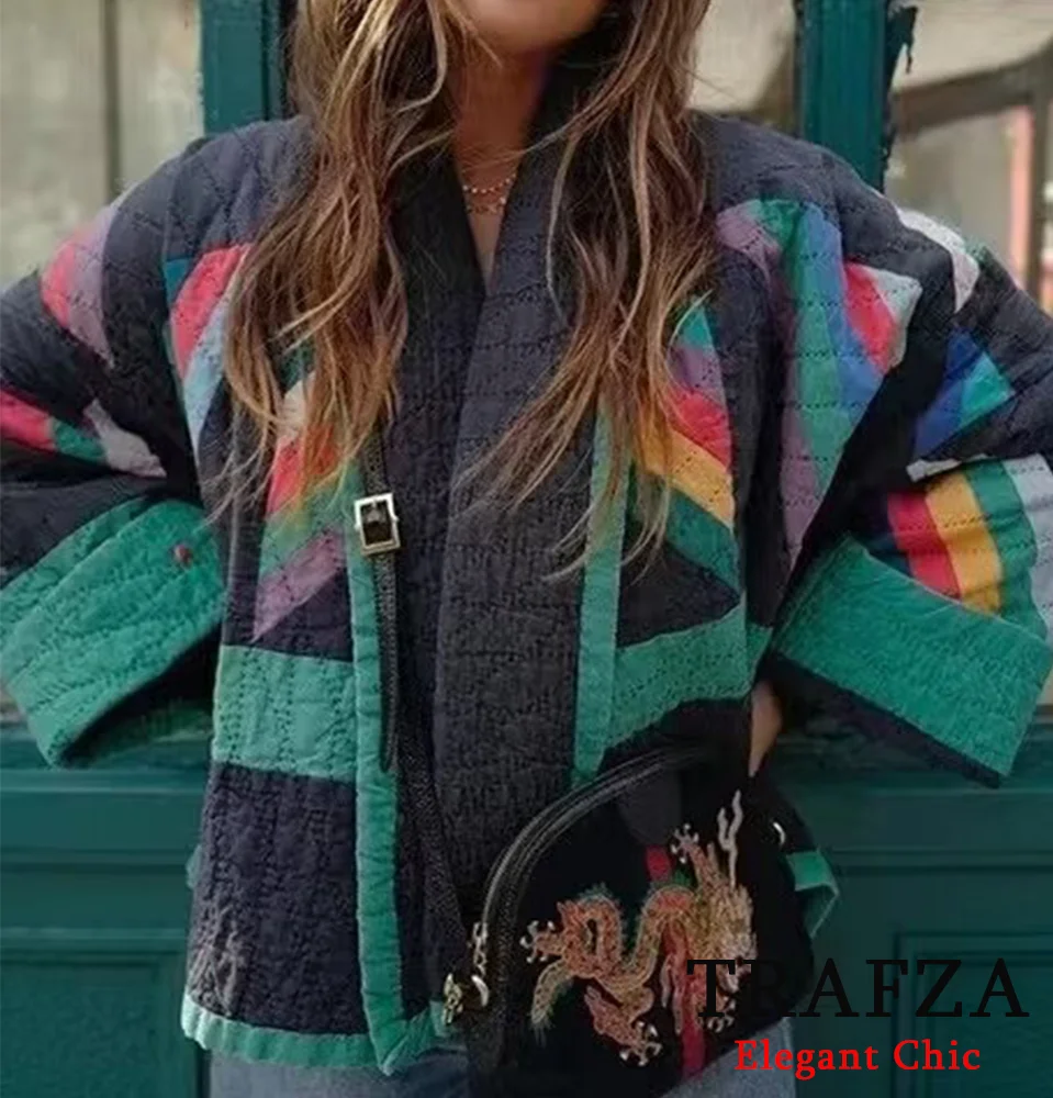 Trafza-Frauen stilvoll bedruckten Mantel neue Herbst Winter lässig Kimono Street Outwear Jacke Mantel Revers Langarm locker offenen Mantel