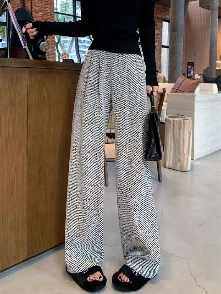 Striped Wide Leg Pants for Women Winter Thick Warm Loose Casual Pants Bf Korean High Waist Lazy Style Straight Trousers