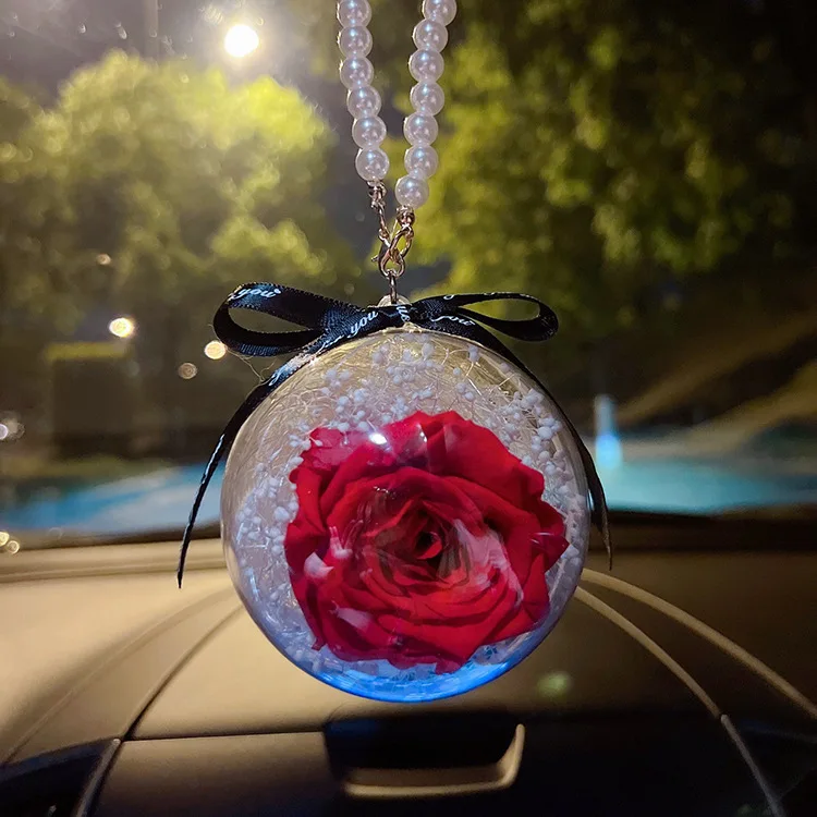 

Creative Luxury Design Rose Everlasting Flower Ball Car Pendant Fashion Women Flowers Car Rear View Mirror Decoration Pendant