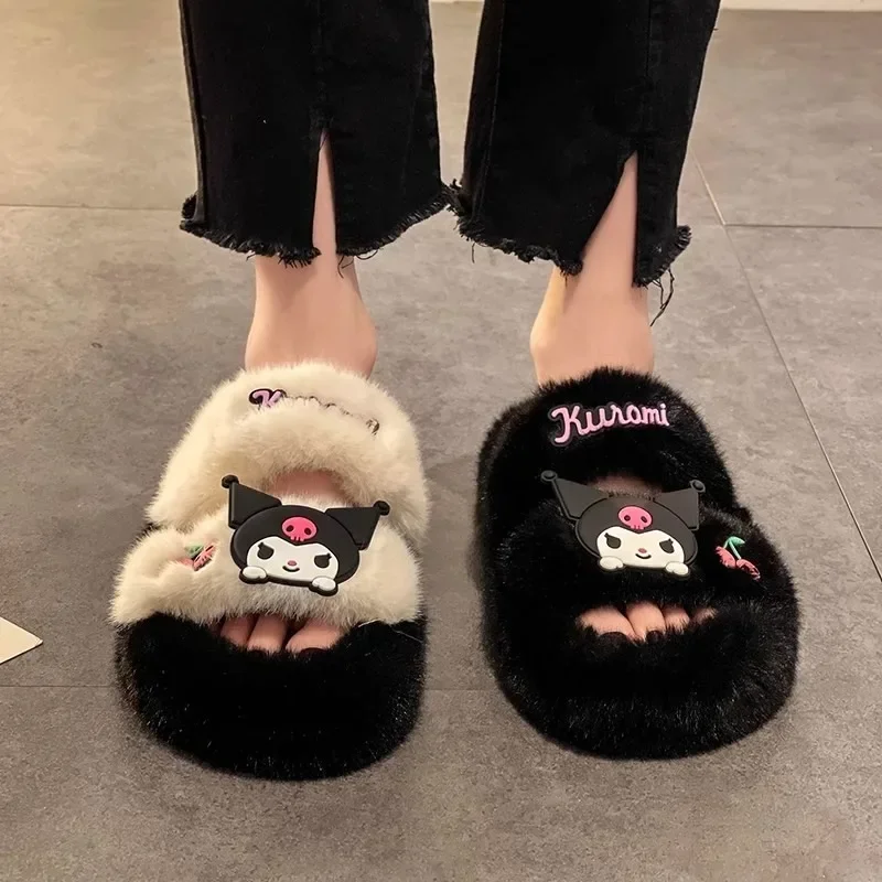 

Kawaii Sanrio Hello Kitty Friend Kuromi Plush Slippers Autumn Winter Cartoon Girl Open-Toed Indoor Non-Slip Shoes Christmas Gift