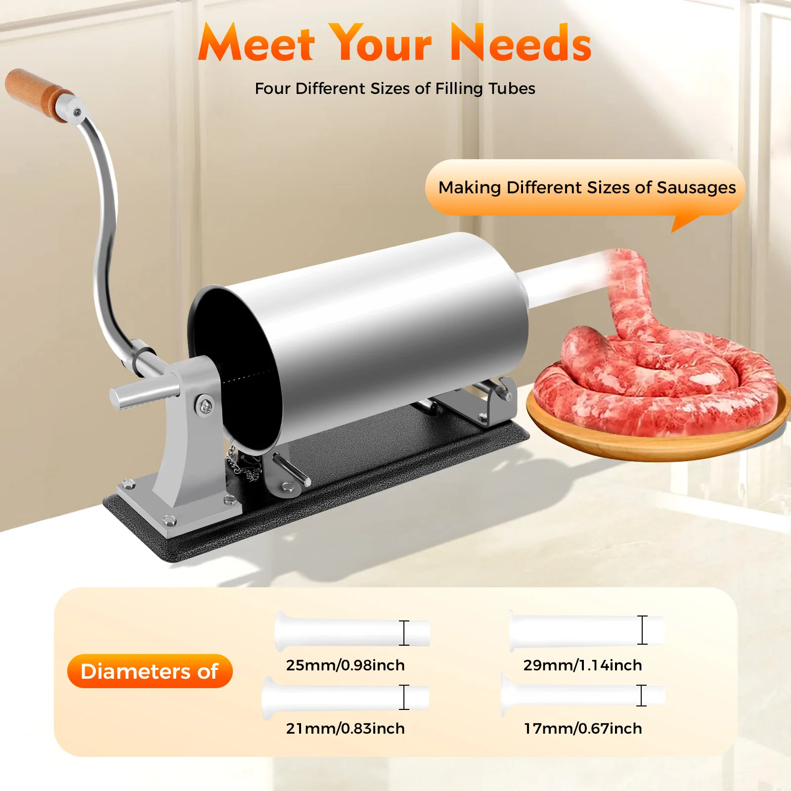 Máquina Manual para Hacer Salchichas, Capacidad de 3L con 4 Tubos de Relleno de Diferentes Tamaños, Picadora de Carne de Acero Inoxidable para Salchichas, con Manivela