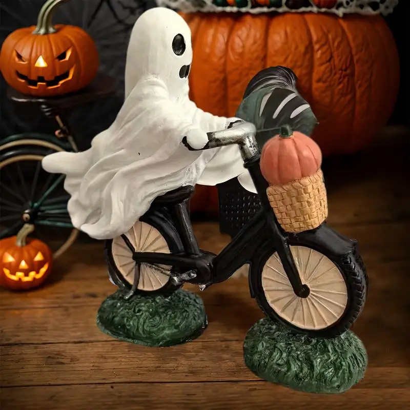 Ghost Figurine Cycling Ghost Tabletop Ornament With Pumpkin In The Basket Home Table Decoration Halloween Sculpture For Bedroom