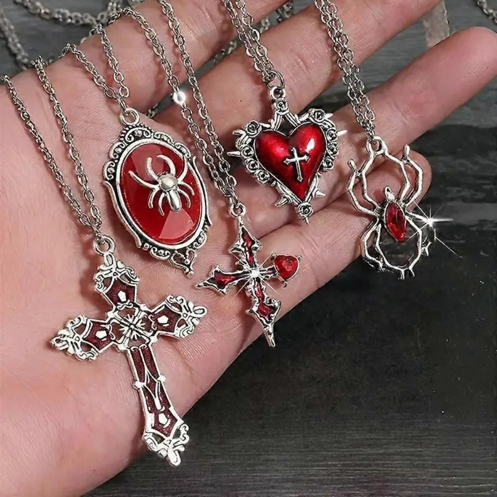 5pcs Set Punk Goth Red Dripping Oil Heart-shaped Vampire Bat Spider Cross Pendant Necklace for Men Women Halloween Party Jewelry