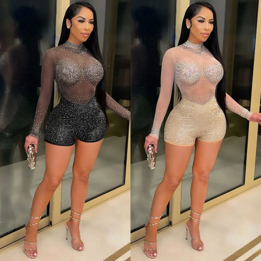 

Round Neck Long-sleeved Nightclub Party Hot Diamond Perspective Jumpsuit