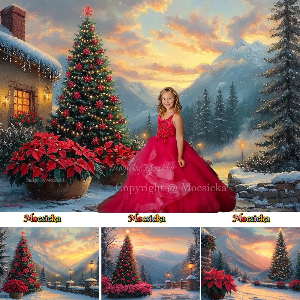 

Christmas Snowy Village Background For Girl Birthday Photography Xmas Tree Flowers Mountain Landscape Backdrop Winter Kids Photo