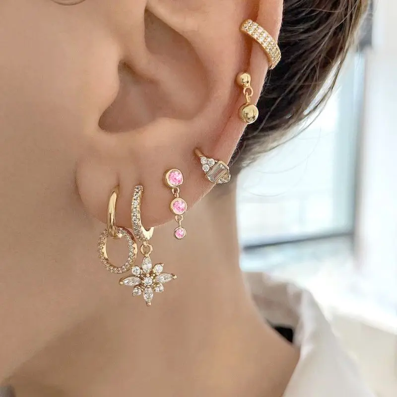 925 Sterling Silver Needle Pink Crystal Heart Hoop Earrings for Women Fashion Geometric Pendant Earrings Luxury Jewelry Gifts