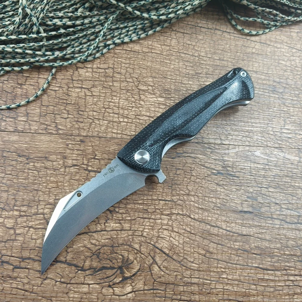 TWOSUN Folding Knife 14C28N Curved Blade Ceramic Ball Wearing Black Micarta Handle Outdoor Camping Hunting Gift Daily TS202