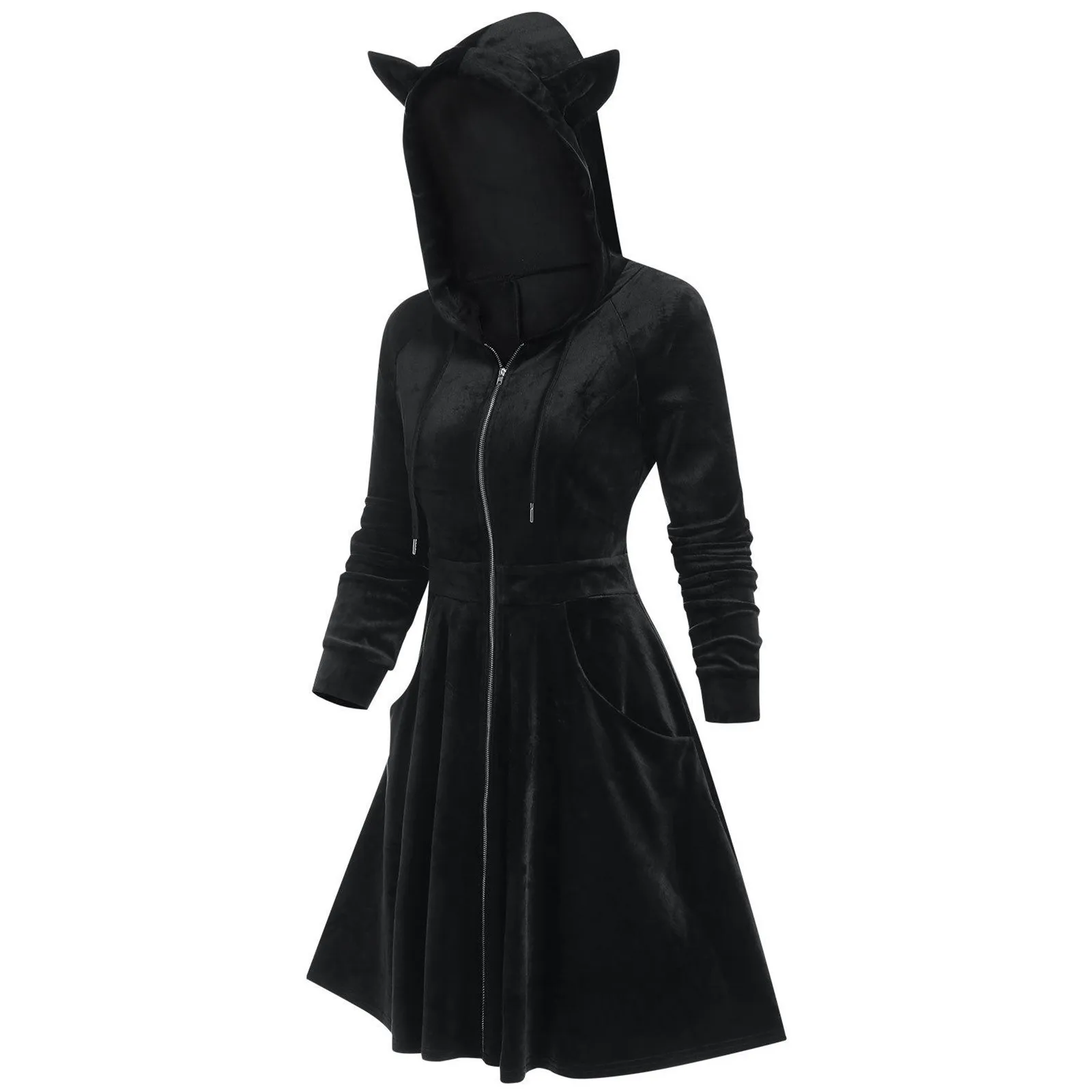 

Cute Cat Ear Hooded Winter Dress Gothic Lace Up Slim Waist Belted Long Sleeve Dress Bicolor Slinky Cowl Front Bodycon Vestidos