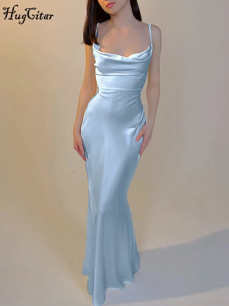 Hugcitar Elegant Satin Slips Backless Solid Bandage Sexy Bodycon Maxi Dress Summer Women Clothes Evening Party Birthday Vacation