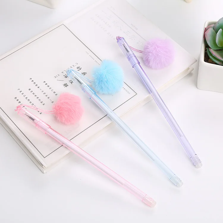 Wholesale Student Pendant Neutral Pen Cute Plush Ball Pendant Water Pen Cartoon Learning Stationery Office Supplies Signature