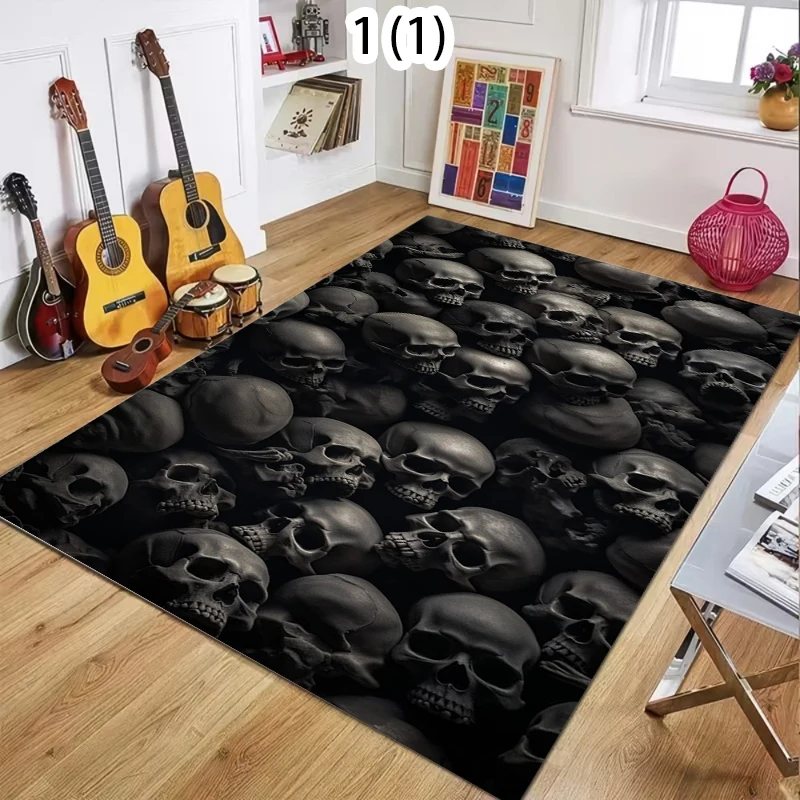 Vintage Dark Skull Motif Area Rug with Artistic Monochrome Skeleton Design Durable Non Slip Floor Mat for Gothic Home and Lounge