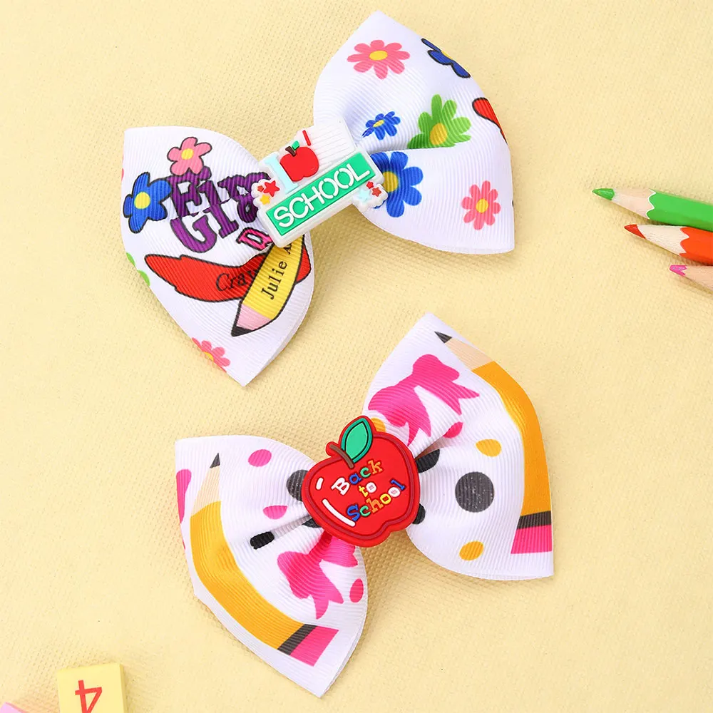 2PCS Sweet back to school hair bows clip For Girls Cute School Bus Hairpins Ribbon Print Pencil Barrettes Boutique Headwear