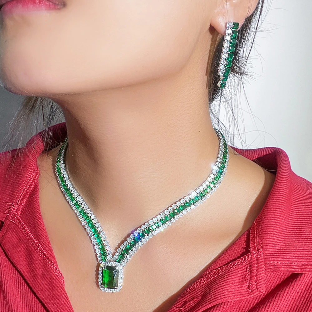 BeaQueen Big Green Rectangle Cubic Zircon 3 Layers Wide Chunky Necklace Earring Expensive Women Bridal Wedding Jewelry Set JS394