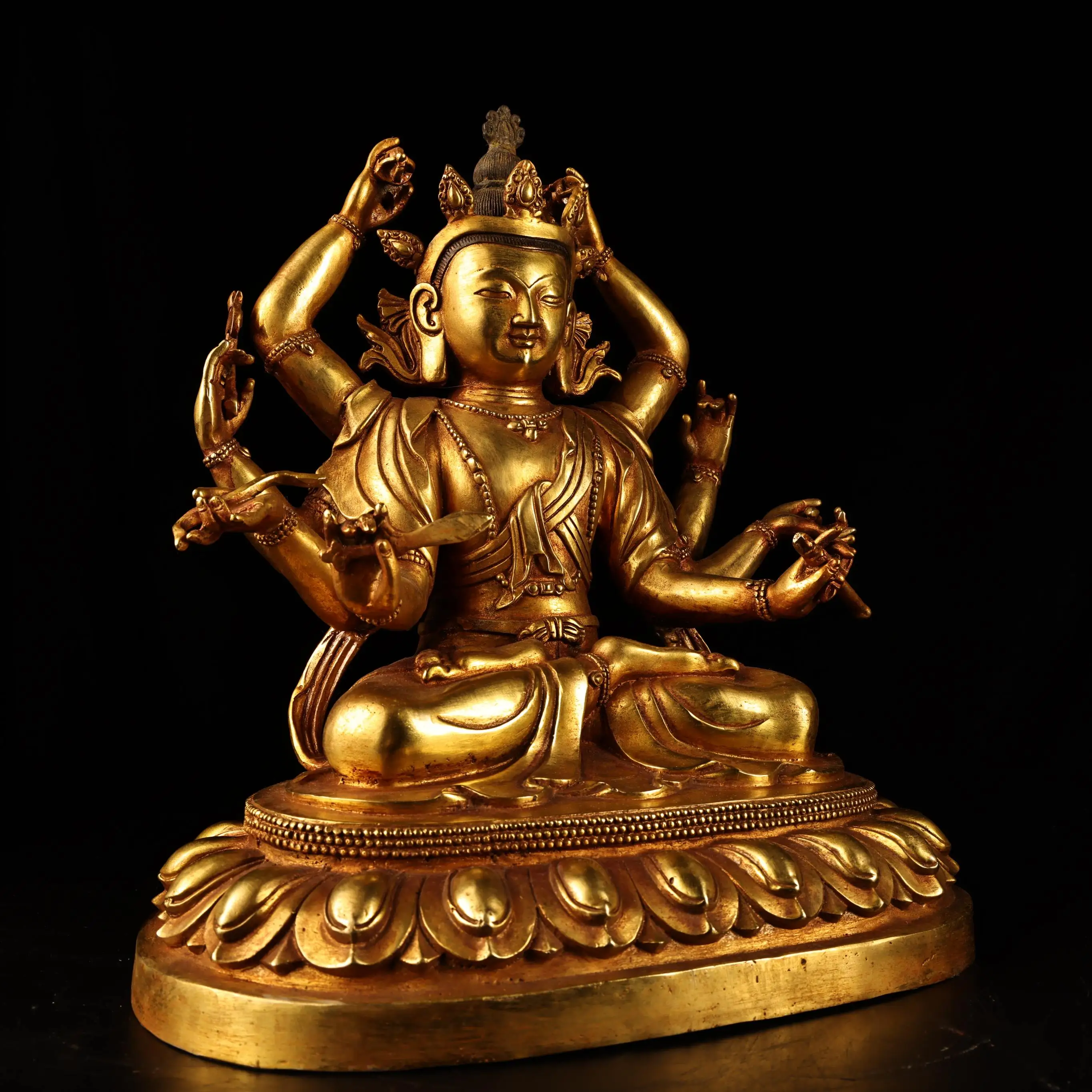 

14"Tibetan Temple Collection Old Bronze Gilded High Relief Eight armed Guanyin Sitting Buddha Lotus Terrace Worship Hall