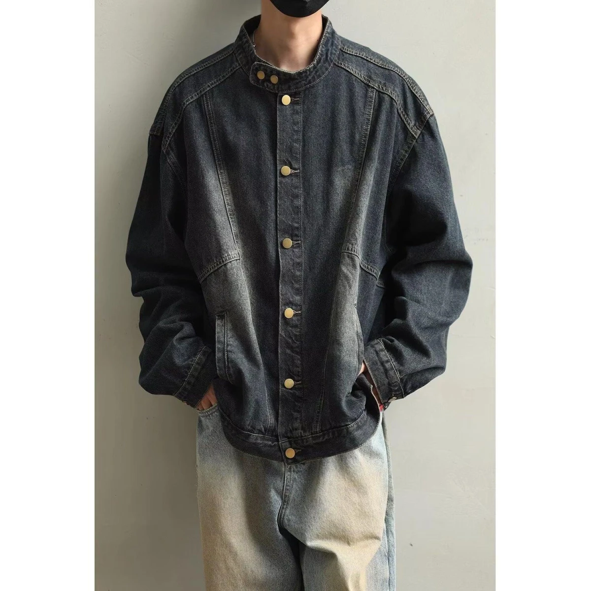 

Джинсовая куртка с талией в стиле ретро, мужская осенняя свободная верхняя одежда adient, длинная верхняя одежда со стойкой, обычная длинная верхняя одежда све для подростков