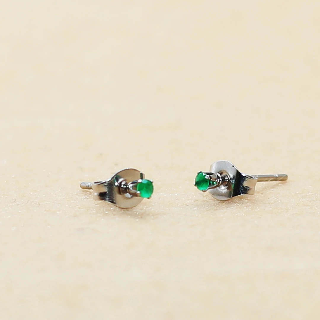 Vintage Style 2mm to 8mm  316l Stainless Steel With Green Glass Stone Push Up Stud EarringsAllergy Free