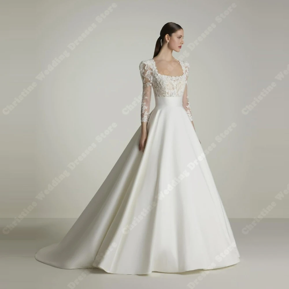 

2025 Elegant Satin Women Wedding Dresses Square-Neck A-Line Bride Gowns Princess Engagement Banquet Vestidos De Novia Customized