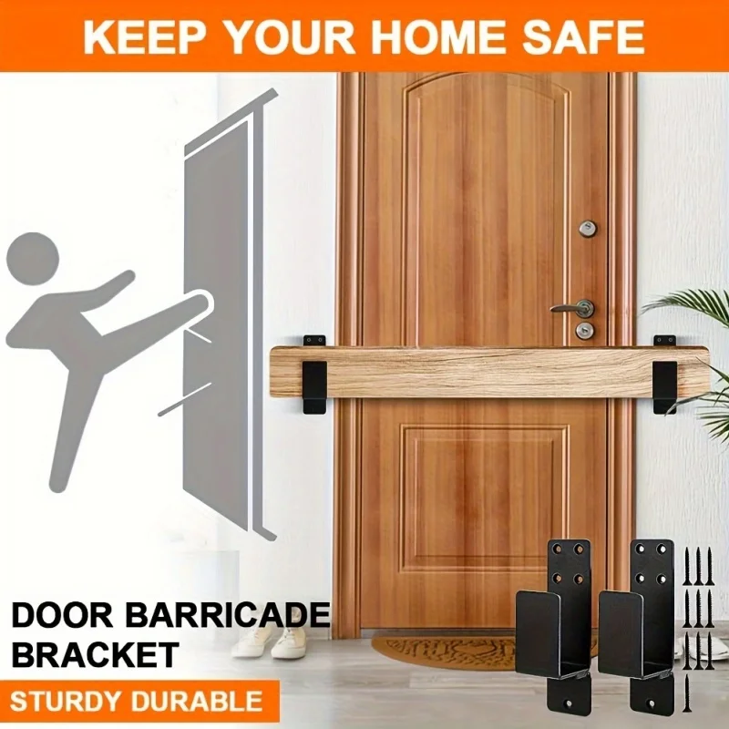 2PCS Heavy Duty Black Carbon Steel Door Barricade Brackets,U-Shaped Security Bar Holders for Wood,Home,Garage,Barn & Shed Safety