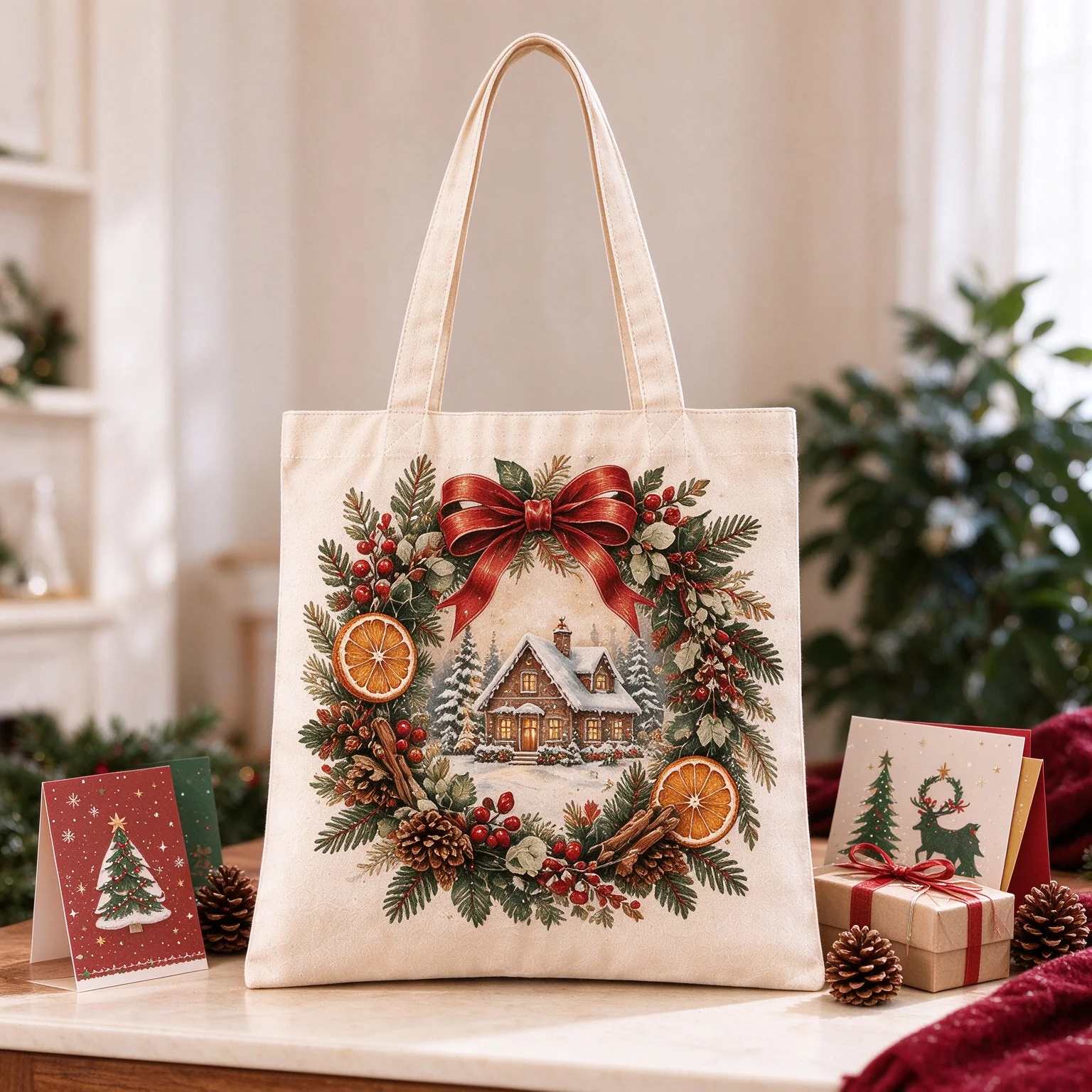 Vintage Christmas Wreath Cabin Canvas Tote Bag Large Reusable Shopping Handbag Women Casual Shoulder Bag Holiday Xmas Gift