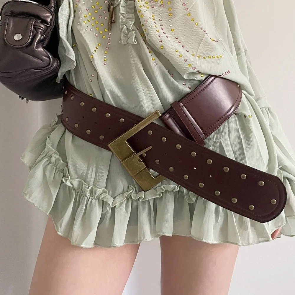 Plus Size Wide PU Leather Belt Rivet Patchwork Heavy-Industrial Design Rivet Waist Belt Western Cowboy Style Trendy Punk Style