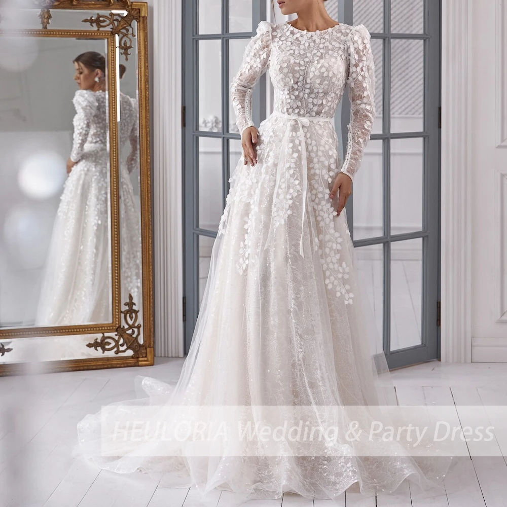 elegant O neck long sleeve 3D flower shinny lace wedding dress plus size robe de mariee Lace beading A line Wedding Bridal Gown